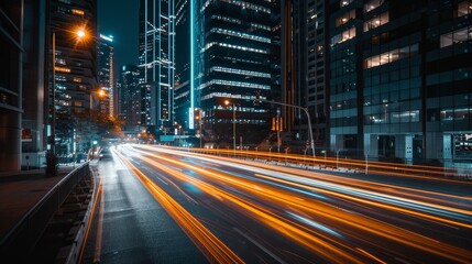 Naklejka premium Futuristic urban street at night luminous car light trails in a captivating cityscape scene