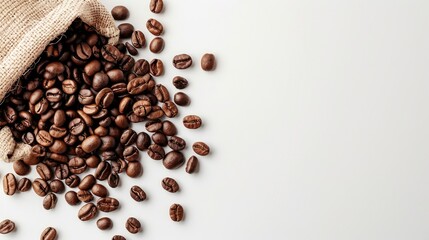 Naklejka premium Freshly roasted coffee beans spill from a bag onto a pristine white surface, inviting the viewer to savor the rich aroma of coffee