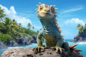 A blue iguana perches on a rock in the sun on a tropical island.