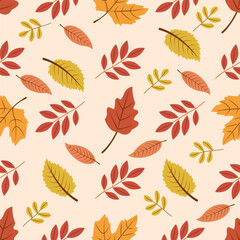 Seamless pattern with autumn leaves. Falling leaves. Autumn botanical background. For design of banners, fabrics, textiles, wallpaper. Vector illustration or september october tree foliage. 