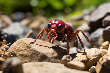 A red and black ant with a large head and a pair of large mandibles is standing on a rock.