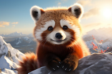 A red panda sitting on a rock in the mountains, looking at the view. The sun is setting in the background.