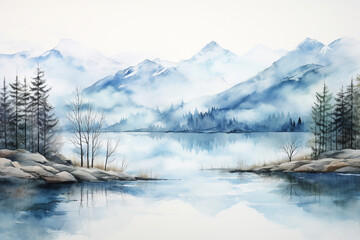 A watercolor painting of a mountain lake in the winter