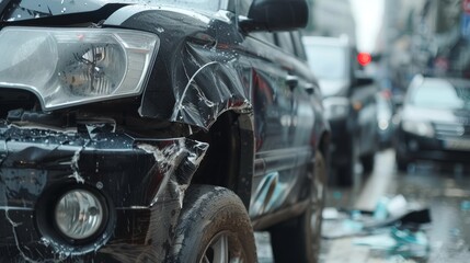 Fototapeta premium A black car with a smashed front end is parked in the rain