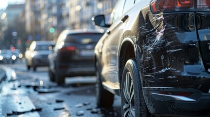 Obraz premium A black car with a smashed front end is parked in the rain