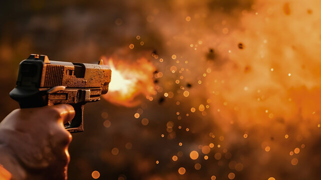 A man holding a pistol and firing it. - Powered by Adobe