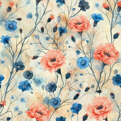 watercolor Carnations and forget-me-nots in faded pink and blue, distressed canvas background, vintage botanical study, classic and timeless, seamless repeating pattern, minimal pattern
