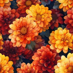 watercolor Chrysanthemums in vivid oranges, reds, and yellows, geometric burst patterns, warm brown background, vibrant and energetic, seamless repeating pattern, minimal pattern