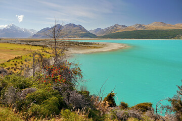 Beautiful blue glacial lake in New Zealand