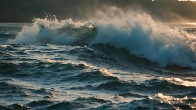 Through the lens of slow motion, the footage showcases the serene yet captivating sight of the deep blue ocean waves, their shimmering light reflections harmonizing with the intense presence of a stor