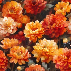 watercolor Chrysanthemums in vivid oranges, reds, and yellows, geometric burst patterns, warm brown background, vibrant and energetic, seamless repeating pattern, minimal pattern