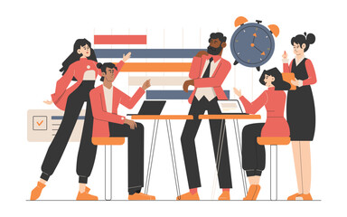 A diverse team is gathered around a table, engaged in a discussion about project timelines and deadlines. A large clock and a timeline chart are visible in the background, symbolizing time management