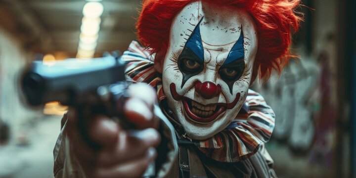 Red-haired clown holding a gun
