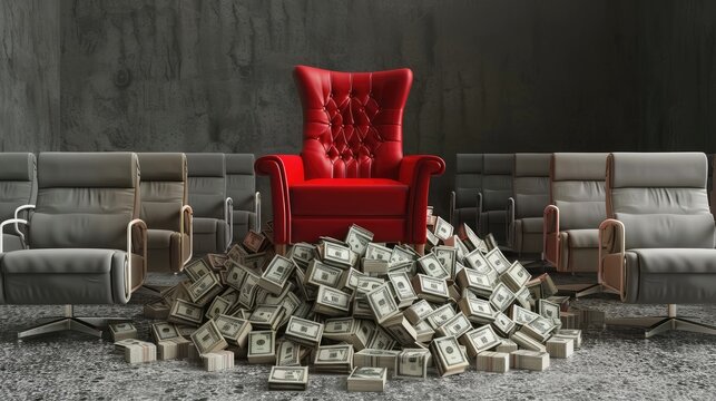 Seizing Financial Success - Red Chair at Desk with Money Heap Symbolizing Initiative and Opportunity Achievement