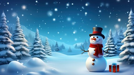 Fototapeta premium Smiling Snowman in a Snowy Winter Wonderland