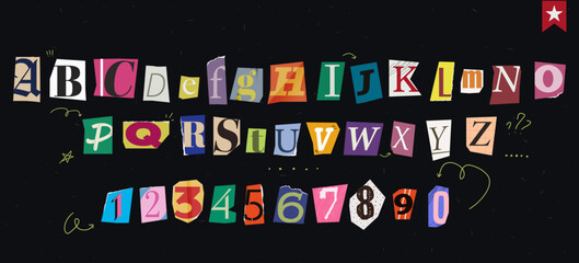 Set of magazine cutout alphabet font. Cut letter. Typography type from newspaper. Pop art clipping word. Vector crime grunge illustration with ripped and torn elements © annetdebar