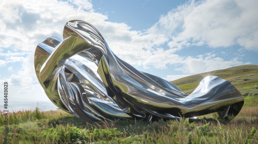 Poster a smooth reflective sculpture adorned with intricate windblown fabrics reflecting the surrounding la