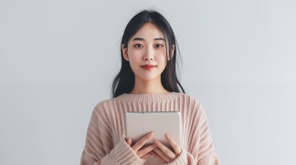 Obraz premium Young Woman Holding a Tablet in a Cozy Sweater