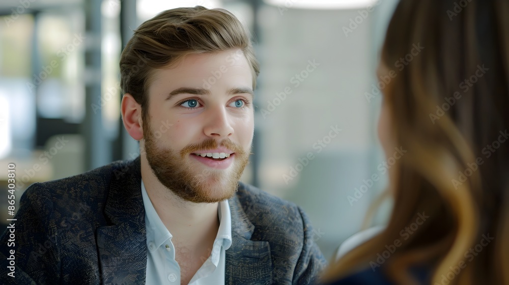 Poster interviewer asking follow-up question during engaged job interview discussion