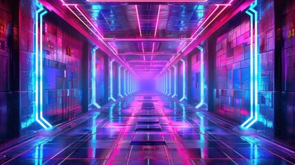 Generative AI illustration of abstract background of futuristic corridor with purple and blue neon lights 