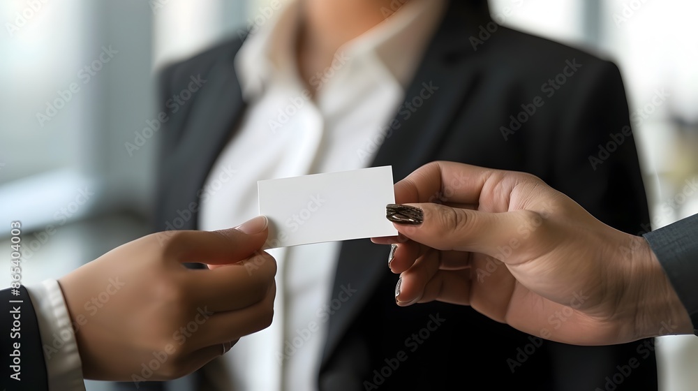 Aufkleber offering business card at job interview networking event
