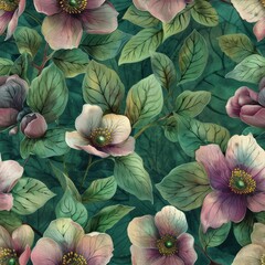 watercolor Hellebores in soft greens, pinks, and purples, intricate floral patterns, deep moss background, graceful and sophisticated, seamless repeating pattern, minimal pattern