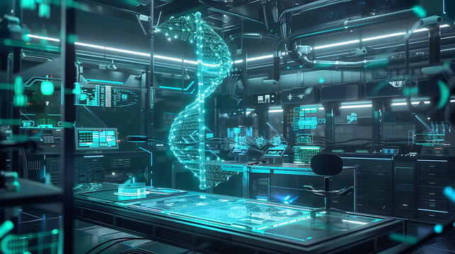 A glowing, holographic DNA strand floating in a high-tech laboratory, surrounded by futuristic machinery and digital interfaces, with neon blue and green hues illuminating the scene