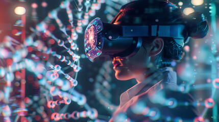 A scientist wearing advanced VR goggles, immersed in a virtual reality environment where they interact with 3D holographic DNA models, manipulating genes and sequences in real-time
