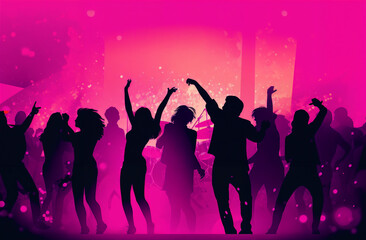 a group of people dancing in a disco scene with a pink background and a pink and purple background with a silhouette of a group of people dancing