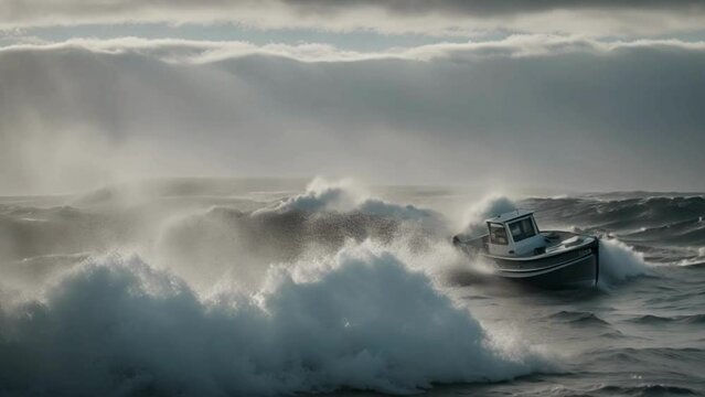 Surrounded by the crashing waves near Iceland's rugged coast, a single compact ship struggles against the intense ocean currents, its robust design resisting the stormy sea as a display of human perse