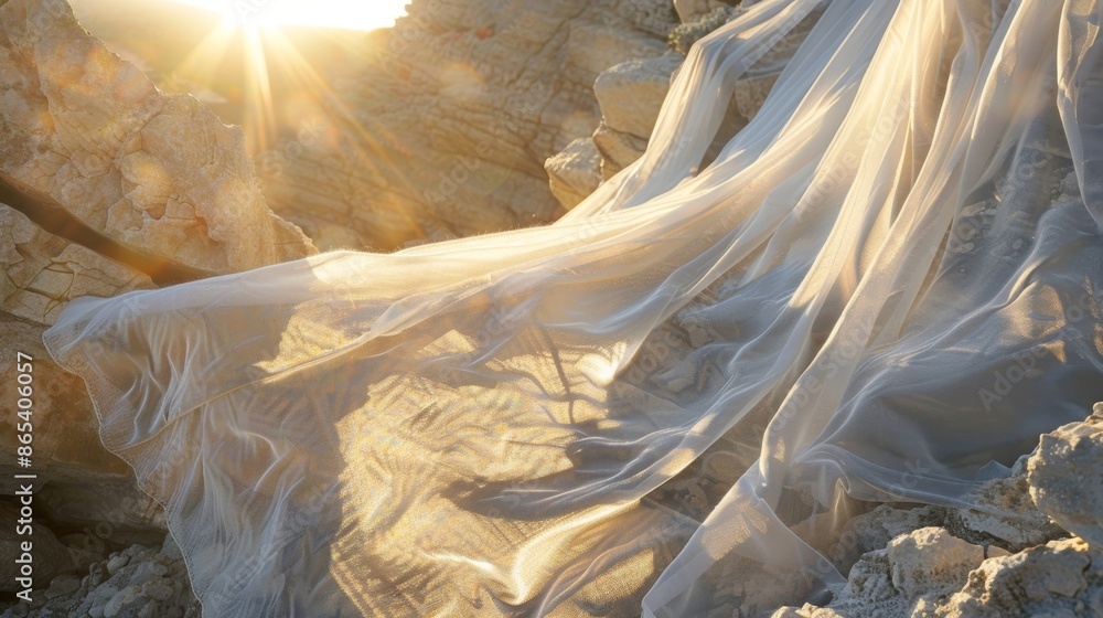 Poster soft billowing fabric effortlessly dances along the edge of a jagged cliff creating a sense of grace