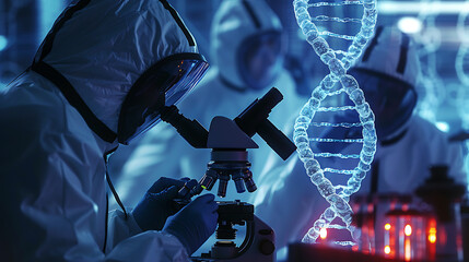 Scientists in a futuristic lab examining an alien DNA sample under a microscope, with the DNA strands displaying unusual colors and patterns, hinting at extraterrestrial origins