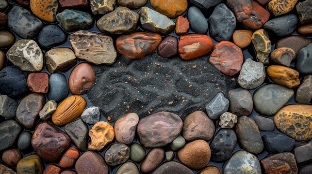 Colorful smooth stones on beach with open space for text on sandy shore background
