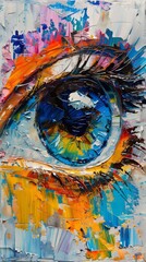 Intricately painted with vibrant oil strokes, this artwork features a vibrant abstract eye design