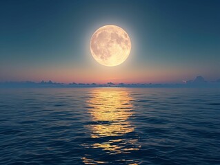 Full moon rising over a calm, still ocean at dusk. The moon's reflection shines brightly on the water.