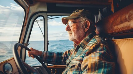 A man in a plaid shirt is driving a truck with a view of the ocean