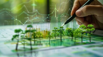 Businessman planning on environmental protection initiative for clean and sustainable future ecology, ESG environmental social governance display on paper chart on eco-friendly company, generative ai