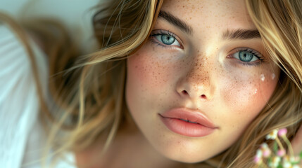 Naklejka premium A photo of an Australian supermodel with long blonde hair and grey eyes, wearing a white shirt and makeup on her face
