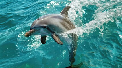 Naklejka premium Majestic dolphin gracefully surfacing above azure waters, its sleek form gliding effortlessly in its natural habitat
