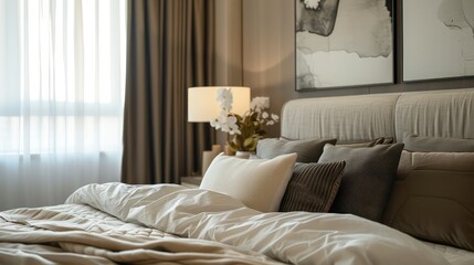 Fototapeta premium beautiful interior design home bedroom, cozy big bed