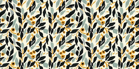 Modern printed fabric flower block print pattern with linen texture effect. Stylized boho dark floral for chic fashion background motif border design.