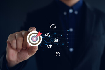 Businessman focusing on target goal icon, corporate development, global business leadership, strategy, prospects, goals, Target,  strategies for success.
