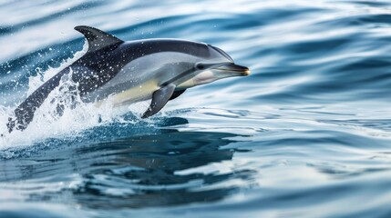 Fototapeta premium Majestic dolphin gracefully surfacing above azure waters, its sleek form gliding effortlessly in its natural habitat