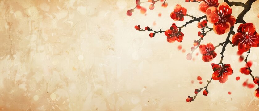 vintage textured background with blooming pink cherry blossom flowers on old tree branch featuring japanese oriental floral design and art with grunge paper effect for spring and summer season