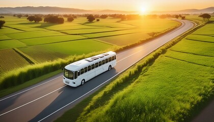 A white Volvo bus driving through a lust green field