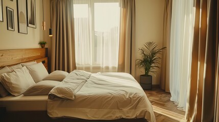 bedroom with bed and pillows blankets, comfy and cozy