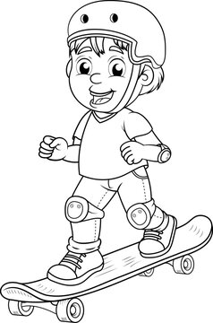Ni&ntilde;o usando una patineta con los implementos de seguridad, casco y protectores de rodillas y codos, ilustracion en blanco y negro.