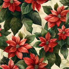 watercolor Poinsettias in rich reds and greens, delicate snowflake patterns, soft vintage background, festive and elegant, seamless repeating pattern, minimal pattern, high contrasty 