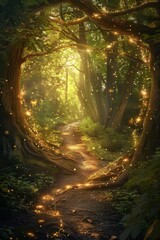 Obraz premium Enchanting forest path illuminated by warm