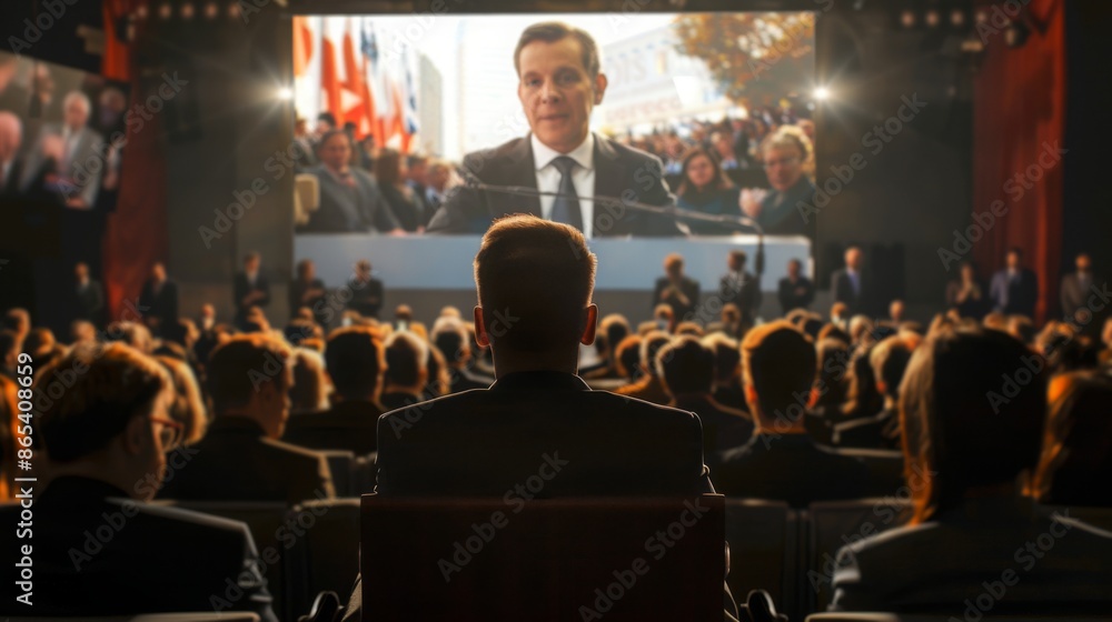 Poster A large audience watches a live address on a large screen. The speaker is addressing a large crowd. A man sits in the front row, facing the screen.